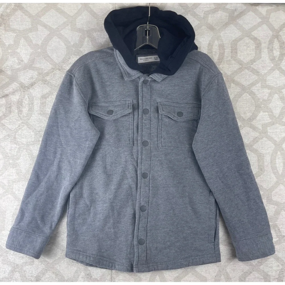 Abercrombie Kids Boys Gray Navy Blue Hooded Shirt Jacket Shacket Size 9/10‎